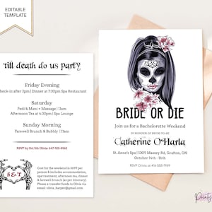 Op de afbeelding: Dubbelzijdige uitnodiging met een thema van de Dag van de Doden. Eén kant toont evenementdetails, de andere een gestileerde schedel met bloemaccenten en de tekst "BRIDE OR DIE". De uitnodiging is voor een vrijgezellenweekend.