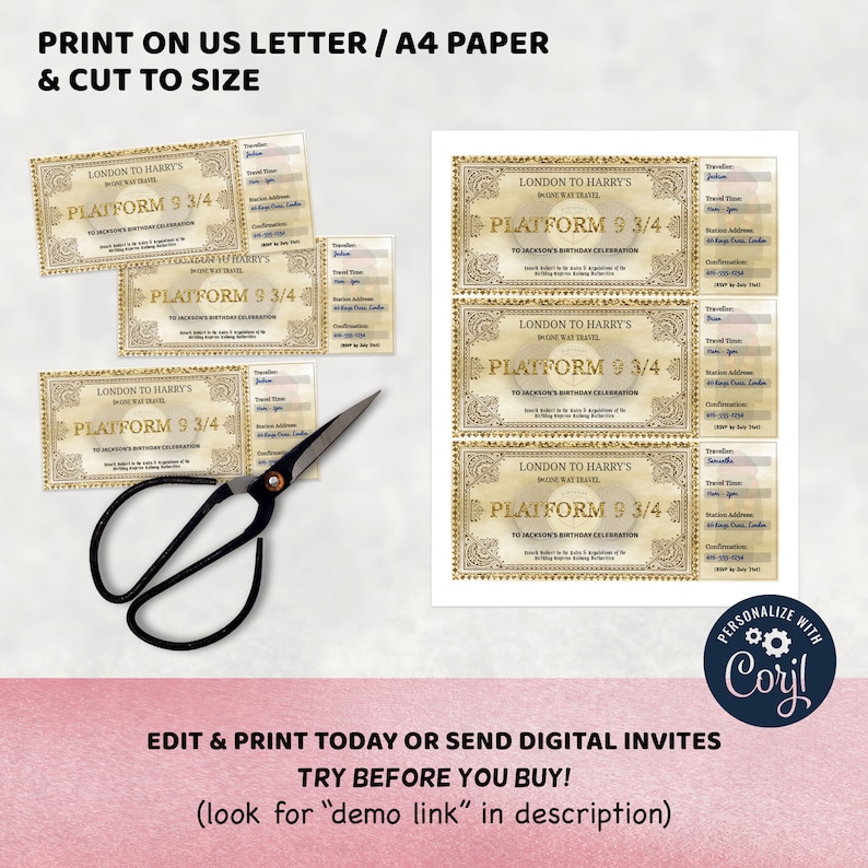 May include: Printable invitation for a Harry Potter themed birthday party. The invitation is designed to look like a train ticket with the words "London to Harry's" and "Platform 9 3/4" printed on it. The invitation is decorated with gold accents and a vintage style.