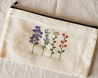 étui polyvalent, étui en tissu, étui en coton, étui à fleurs, trousse de toilette peinte à la main, trousse de maquillage, étui à fermeture éclair