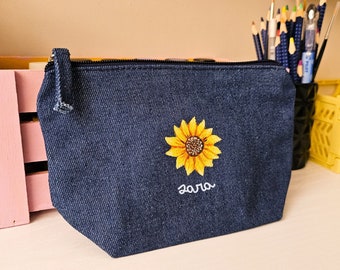 Personalized Sunflower Denim Pencil Case - Custom Gift for Her, Custom Makeup Bag, Denim Dance Makeup Bag, Bridesmaid Gift