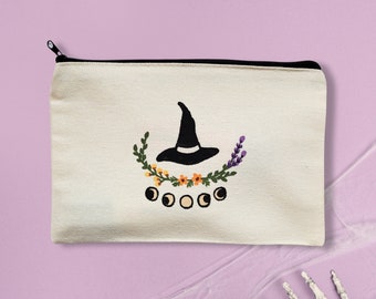 retro halloween pencil case, pencil pouch aesthetic, witchy pencil pouch, pencil case spooky, cute halloween witch, witch hat pencil case