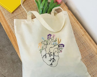 hart tattoo draagtas, anatomische hart en bloemen stoffen tas, boodschappentas, bloemen canvas tas, duurzaam Valentijnscadeau