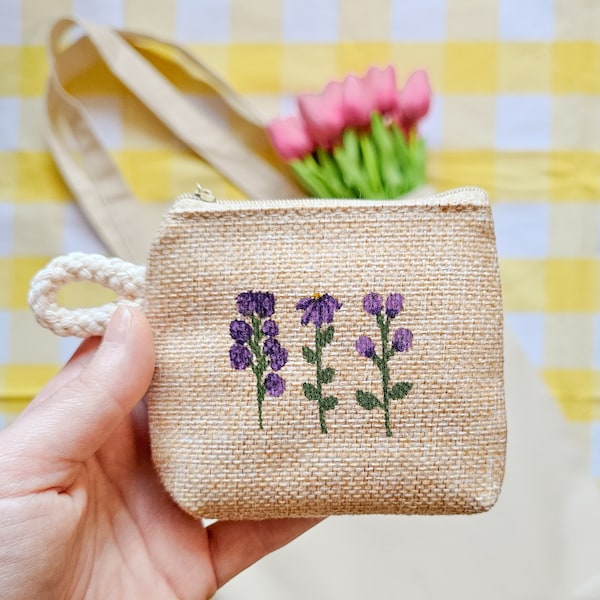 purple coin pouch, coin purse, pouch, purse, card pouch, handpainted coin purse, handpainted pouch, flower pouch, aesthetic coin purse