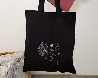 sac en tissu noir, sac en tissu fleuri, sac shopping, tote bag esthétique, tote bag décoré original, sac en coton avec fleurs