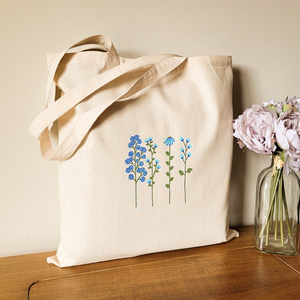 bolsa de tela de flores, tote bag de flores silvestres azules, tote bag para mujer, bolsa de algodón pintada a mano, bolsa ecológica