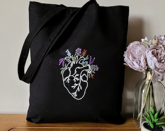 Floral Anatomical Heart Canvas Tote Bag - Eco-Friendly Flower Lover Gift - Sustainable Shopper for Summer