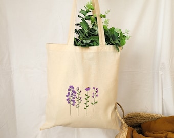 sac fourre-tout en tissu, sac en tissu avec fleurs, sac en jute peint à la main, sac en toile avec fleurs violettes, sac 100% coton, fourre-tout shopping