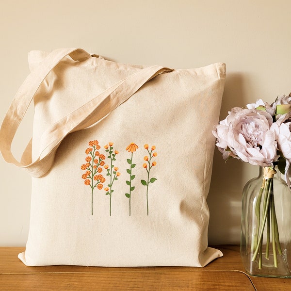 tote bag de flores delicadas naranjas para pilates, bolsa ecológica cómoda para llevar al gimnasio, bolso de tela minimalista para deporte