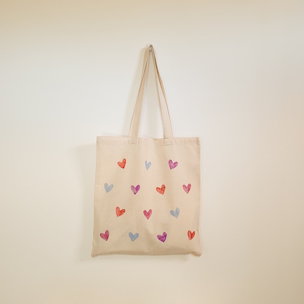 sac fourre-tout imprimé coeur, sac fourre-tout en coton avec coeurs, sac en tissu avec imprimé coeur, sac shopping minimaliste