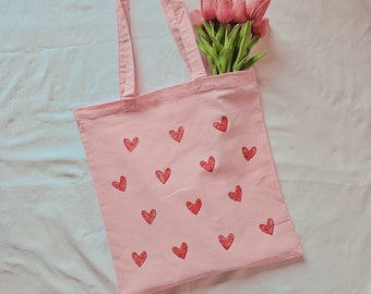 Pink Totebag - Read Hearts Pink Canvas Tote - Aesthetic Gift for Lover - Handcrafted Canvas Tote - Valentines Best Gift for Her