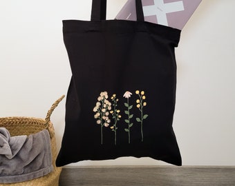 black totebag, cottagecore tote, tote bag, totebag with long straps, totebags perzonalized, flowers tote bag, totebags, canvas tote bag