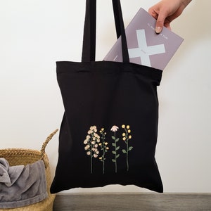 schwarze Einkaufstasche, Cottagecore-Einkaufstasche, Einkaufstasche, Einkaufstasche mit langen Henkeln, Stofftaschen, Blumen-Einkaufstasche, Einkaufstaschen, Baumwoll-Einkaufstasche, Ecobag