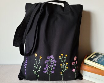 Sac fourre-tout noir, sac fourre-tout en coton noir, sac floral