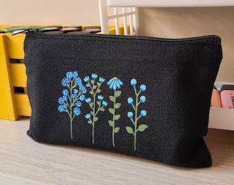 turquoise wildflower pencil case, black cotton pencil case for school supplies, large capacity pencil case for school items