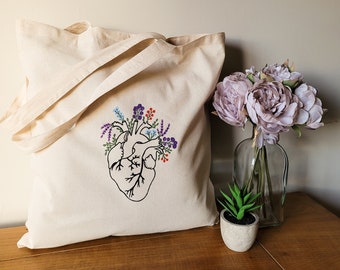 heart tote bag, floral heart bag, valentines tote bag, anatomical heart tote bag, academic heart tote, yute bag, shopping bag, ecobag