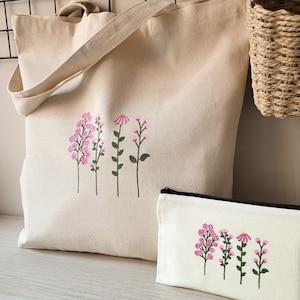 Stofftasche mit langen Henkeln verziert mit rosa Blumen, Mehrzweck-Federmäppchen aus Baumwolle für Frauen, umweltfreundliches und nützliches Geschenk für Mama