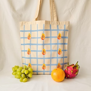 Organic Cotton Tote Bag with Baby Blue Grid and Papayas | Aesthetic, Cute & Trendy Bag, Papayas Summer Tote Bag