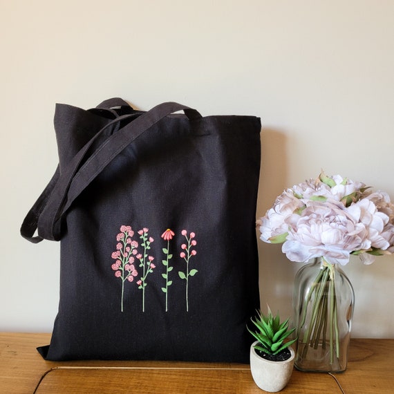 Coral Floral Bag With Long Handles Wildflower Tote Bag Black Canvas Shop Bag Black Tote Bag Flower Design Etsy UK