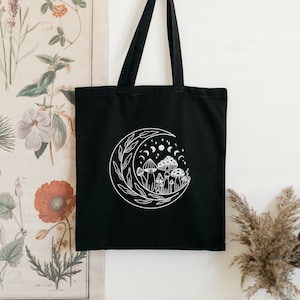 schwarze Einkaufstasche, schwarze Stofftasche, schwarze Pilz-Stofftasche, magische Stofftasche, Mondphasen-Einkaufstasche, einzigartiges Geschenk für Frauen