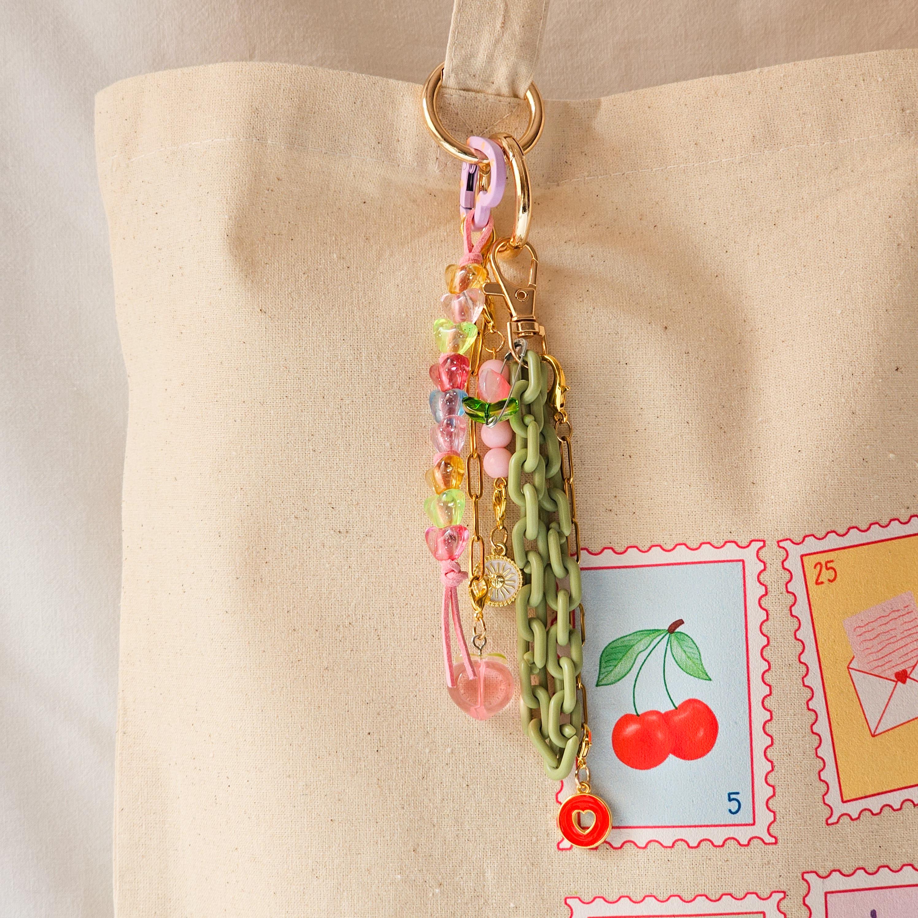 Peach Keychain, Heart Beaded Bag Charm, Cute Purse Accessory, Gift