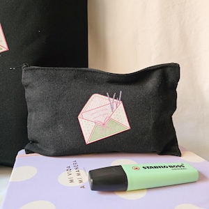 Borsa per il trucco nera con parte superiore aperta - Design preppy rosa e verde - Borsa da toilette in tela carina per i viaggi - Regalo di San Valentino