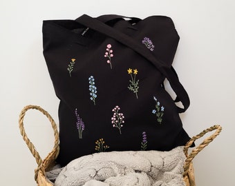 sac fourre-tout noir, sac fourre-tout noir peint à la main, sac fourre-tout à fleurs, sac à provisions, sacs en tissu, sac fourre-tout hippie, sac fourre-tout en tissu, écobag