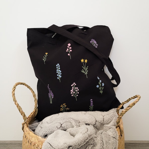 schwarze Einkaufstasche, handbemalte schwarze Einkaufstasche, Blumen-Einkaufstasche, Einkaufstasche, Stofftaschen, Hippie-Einkaufstasche, Stoff-Einkaufstasche, Ecobag