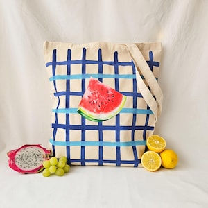 Watermelon Grid Tote Bag, Aesthetic Canvas Bag, Blue Striped Tote, Artsy Summer Bag, Fruit Print Tote, Trendy Shoulder Bag, Everyday Tote