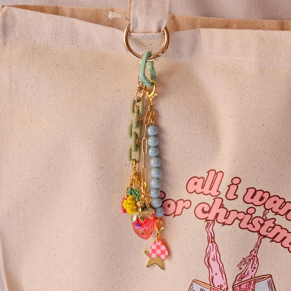 strawberry keychain charm bag, beaded lemon bag charm, cute purse accessory, trendy gift for girl, christmas gift for women, bridesmaid gift