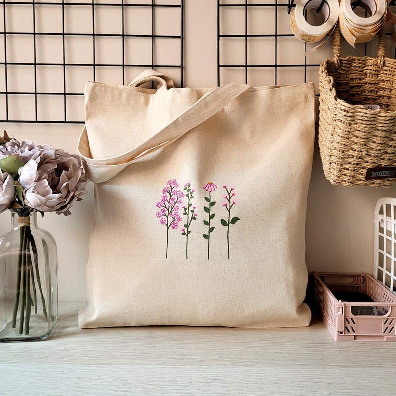 trendy cute preppy tote bag, aesthetic pink floral canvas tote bag, reusable cotton tote bag, gift for her image 2