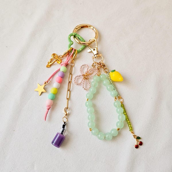 backpack keychain charms, bubble tea charm bag, golden chain bag accessory, women accessory bags, beaded flower bag charm, cute bag charm