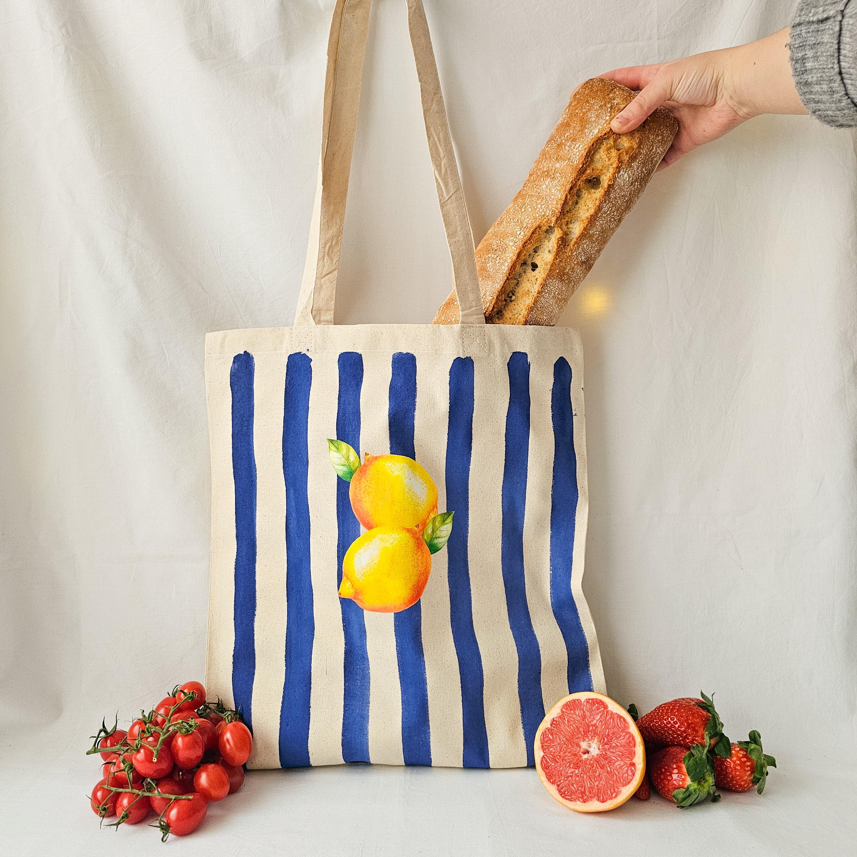 Amalfi Lemon Tote Bag, Italian Chic Canvas Tote, Blue Striped Tote