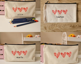 heart pencil bag personalized, personalized valentines gift, bridesmaid makeup bag, bachelorette party, custom canvas pouch, bridesmaid gift