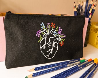 Heart Line Art Pencil Bag - Sustainable Valentine's Day Gift - Canvas Nurse Pouch Gift, Graduation Gift for Girls, Teacher Appreciation Gift