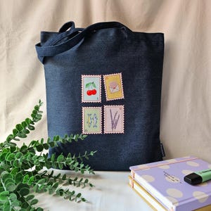 Denim Stamp Tote Bag, Recycled Jean Canvas Tote, Trendy Coquette Shoulder Bag, Sustainable Grocery Bag, Preppy Gift for Her, CuteMarket Tote