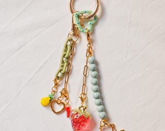 backpack charm keychain, strawberry bag charm, beaded gold chain accessory, cute colorful bag charm, women bag accessory