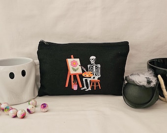 Black Canvas Pouch with Skeleton Artist: Halloween Makeup Bag or Pencil Case