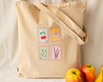Post Stamps Tote Bag Canvas, Travel Shoulder Bag, Gift for Stamp Collector, Traveler Reusable Bag, Gift for Traveler