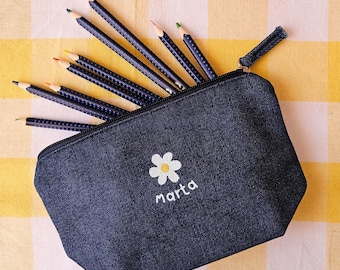 denim pencil case, personalized school pencil case, daisy pencil case, women&#39;s makeup bag, jean pencil pouch with zipper