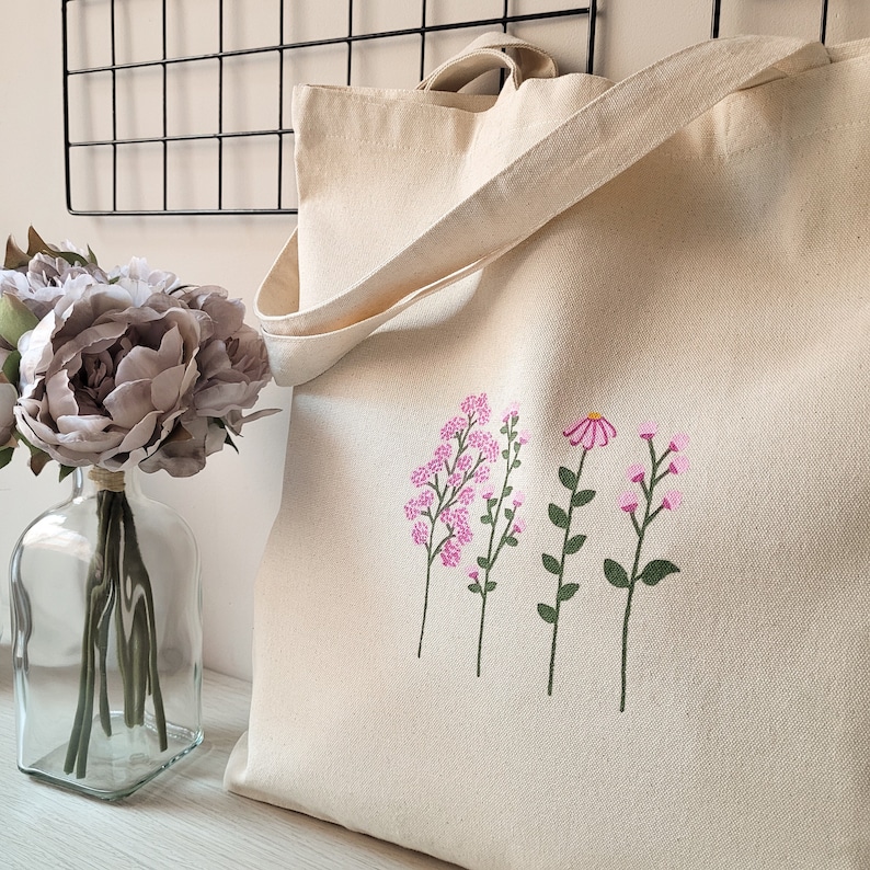 trendy cute preppy tote bag, aesthetic pink floral canvas tote bag, reusable cotton tote bag, gift for her image 3