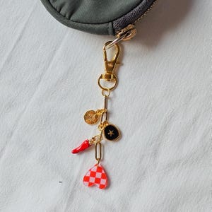 Könnte beinhalten: Ein goldfarbener Schlüsselanhänger mit einem Karabinerhaken, der an einer grünen Tasche befestigt ist. Der Schlüsselanhänger hat Anhänger, darunter eine goldene Münze, ein schwarzes Oval mit einem Stern, eine rote Chilischote und ein rot-weiß kariertes Herz.