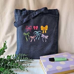 Denim Bows Tote Bag, Recycled Jean Canvas Tote, Trendy Coquette Shoulder Bag, Sustainable Grocery Bag, Preppy Gift for Her, CuteMarket Tote