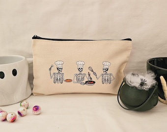 Halloween Skeleton Chef Pouch – Beige Canvas Makeup and Cosmetic Bag – Cooking Theme Zip Bag