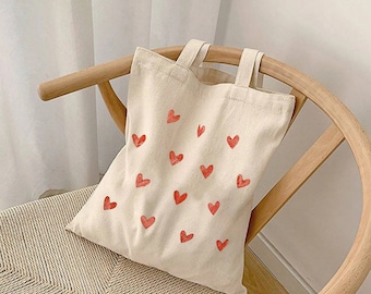 Red Hearts Tote Bag - Aesthetic Gift for Lover - Handcrafted Canvas Tote