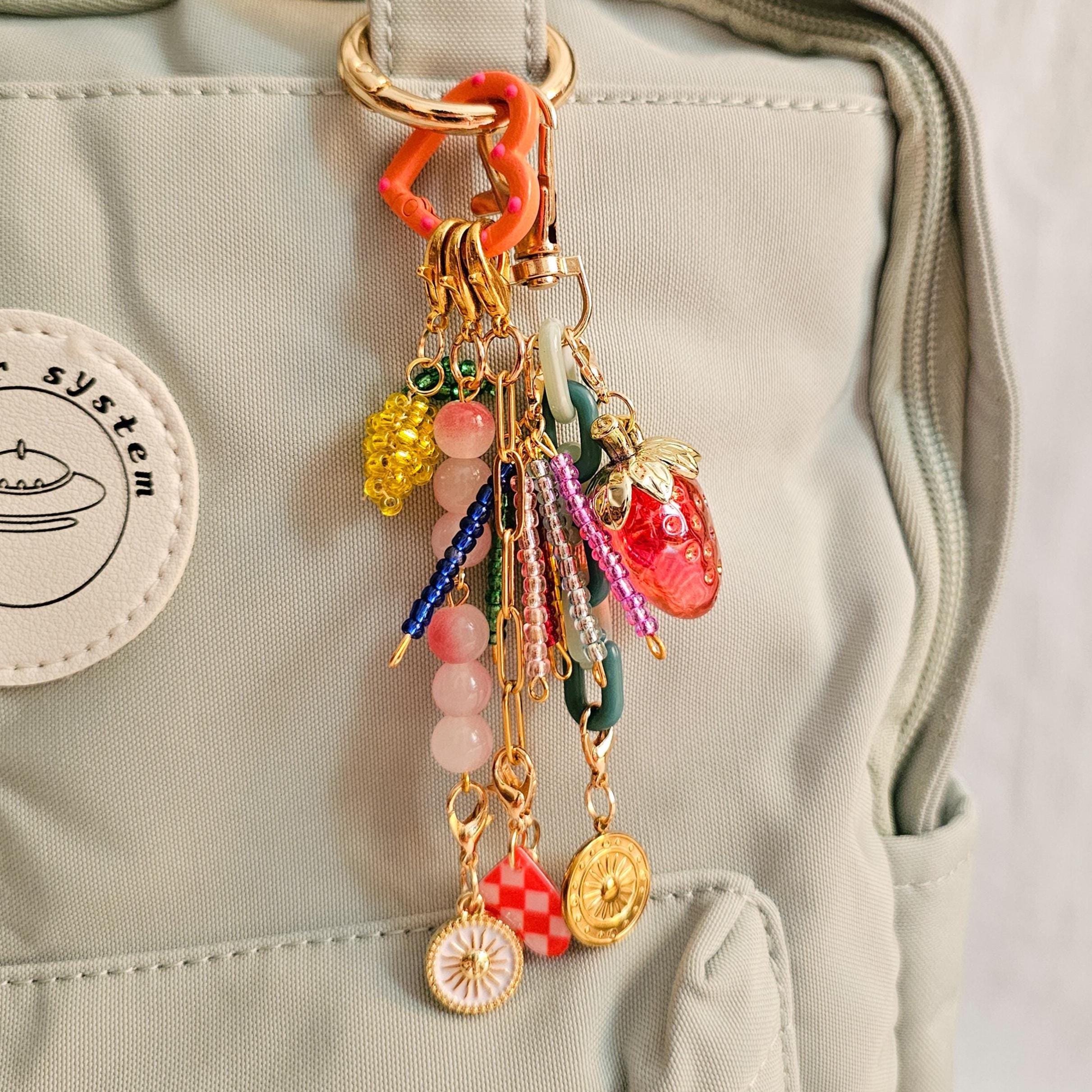 Beaded Backpack Charm, Strawberry Bag Keychain, School Bag