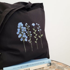 black tote bag, floral black tote bag, tote bag aesthetic, cloth bag, aesthetic tote bag, ecobag, black bag, shopping bag, cotton tote bag image 10