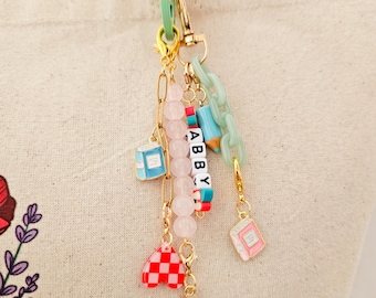 Personalized teacher bag charm with school supplies: handmade gift for her, custom initial accessory