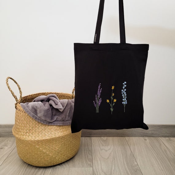 Tote bag negra de flores, tote bag minimalista de flores, bolsa de tela  negra pintada a mano, bolsa para compras, tote bag aesthetic, ecobag -   España
