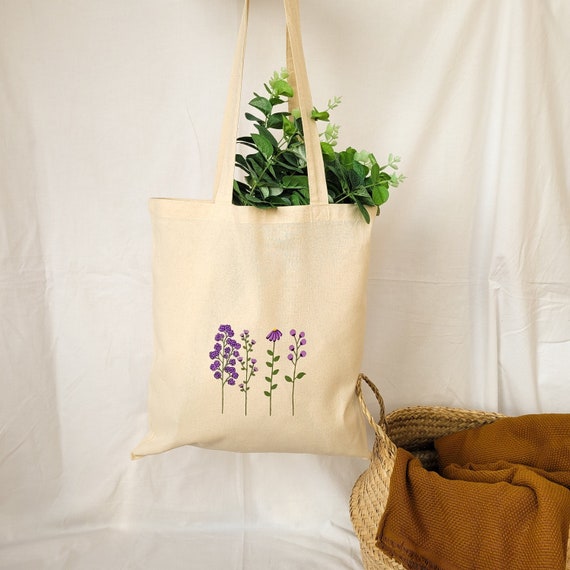 tote bag de tela, bolsa de tela con flores, bolsa de yute pintada a mano, bolsa de lona con flores moradas, bolsa 100 % algodón, tote compra