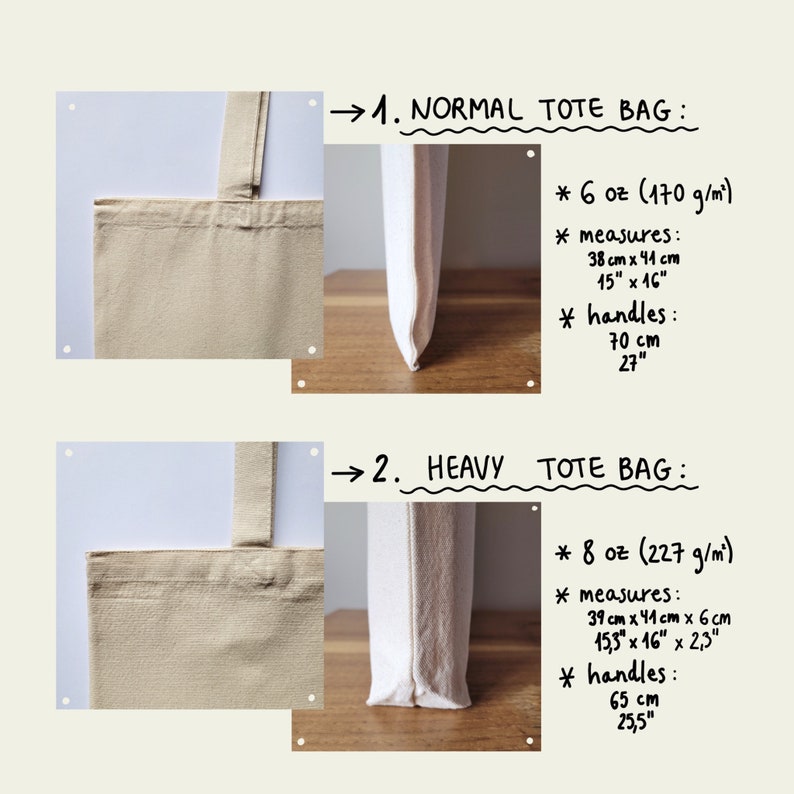 May include: Two tote bags made of natural canvas fabric. The bag on the left is a 6 ounce (170 g/m&sup2;) normal tote bag with 27 inch handles. The bag on the right is an 8 ounce (227 g/m&sup2;) heavy tote bag with 25.5 inch handles.